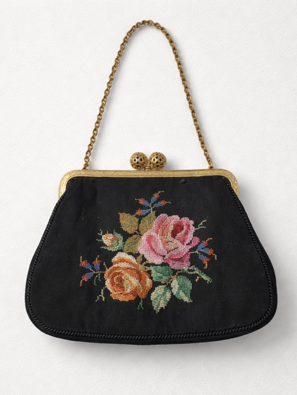 Vintage 30s - 40s Black Floral Petit Point Evening Handbag